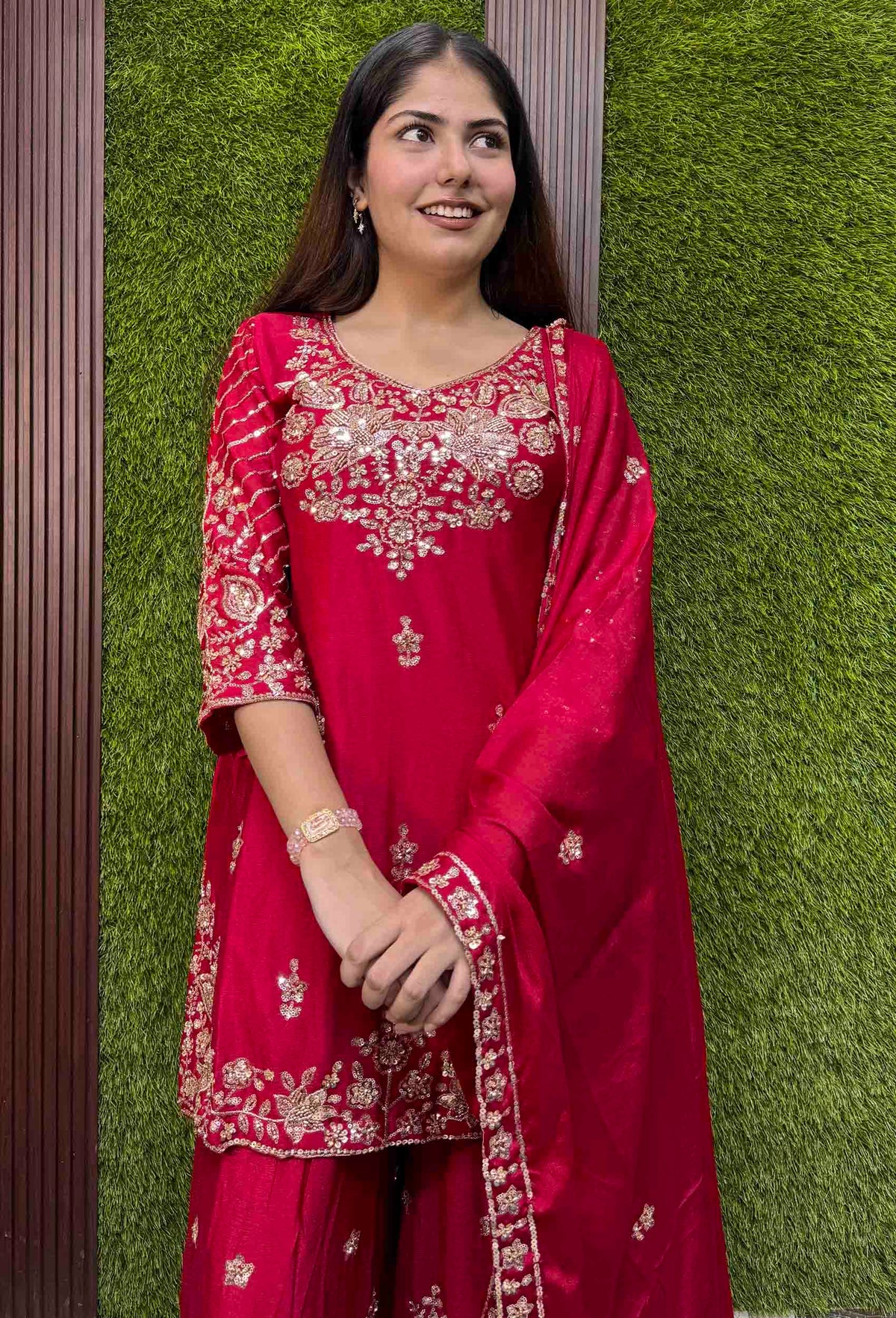 Chinnon Silk Heavy Hand Work Sharara Suit with Fully Embroidered Dupatta