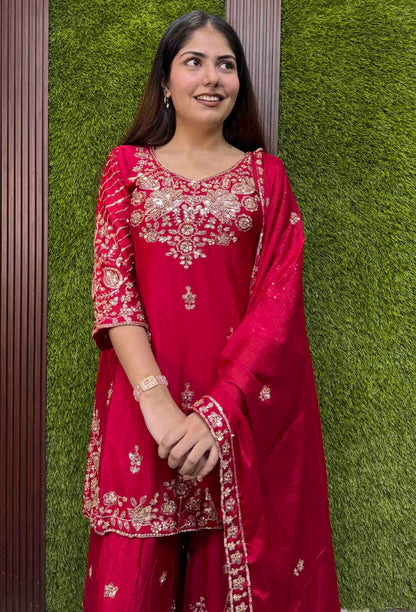 Chinnon Silk Heavy Hand Work Sharara Suit with Fully Embroidered Dupatta
