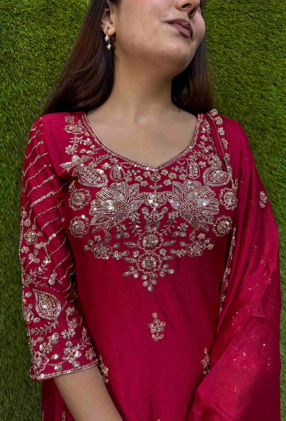 Chinnon Silk Heavy Hand Work Sharara Suit with Fully Embroidered Dupatta