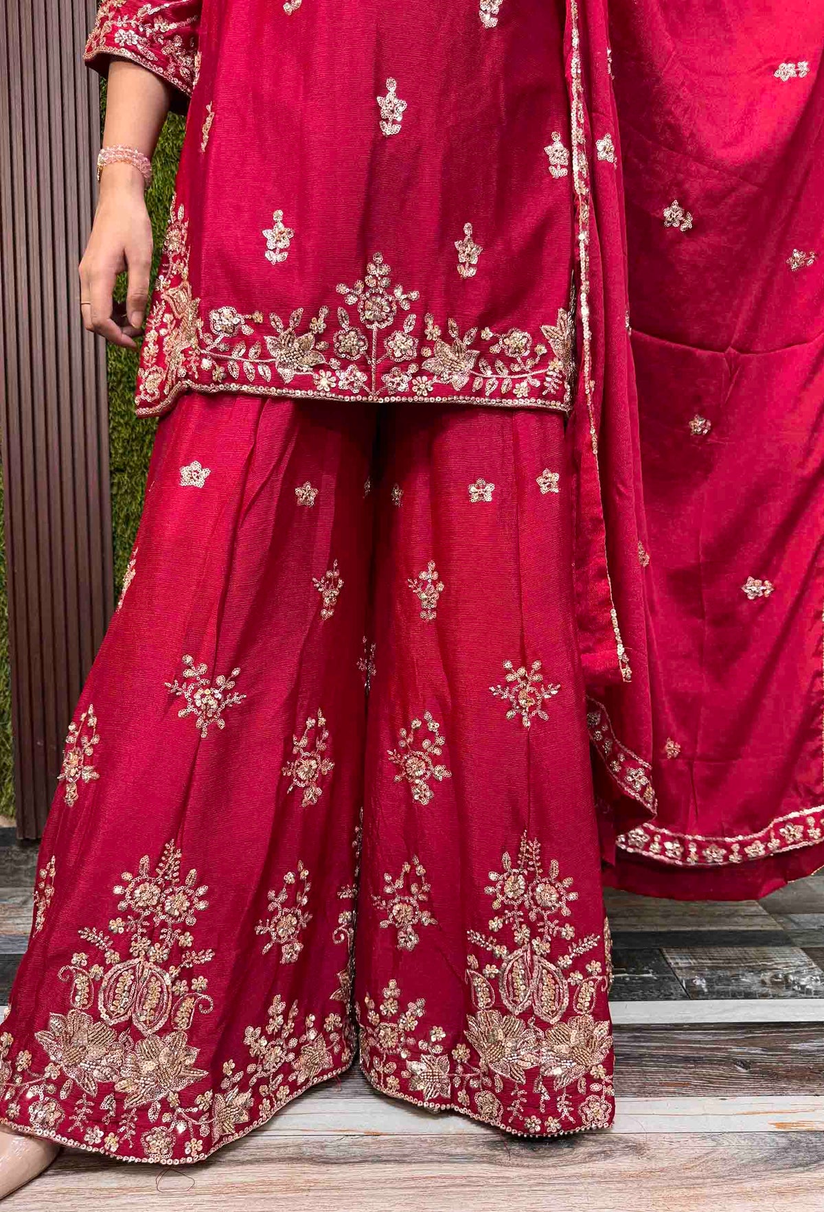 Chinnon Silk Heavy Hand Work Sharara Suit with Fully Embroidered Dupatta