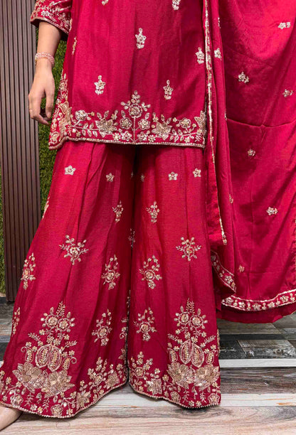 Chinnon Silk Heavy Hand Work Sharara Suit with Fully Embroidered Dupatta