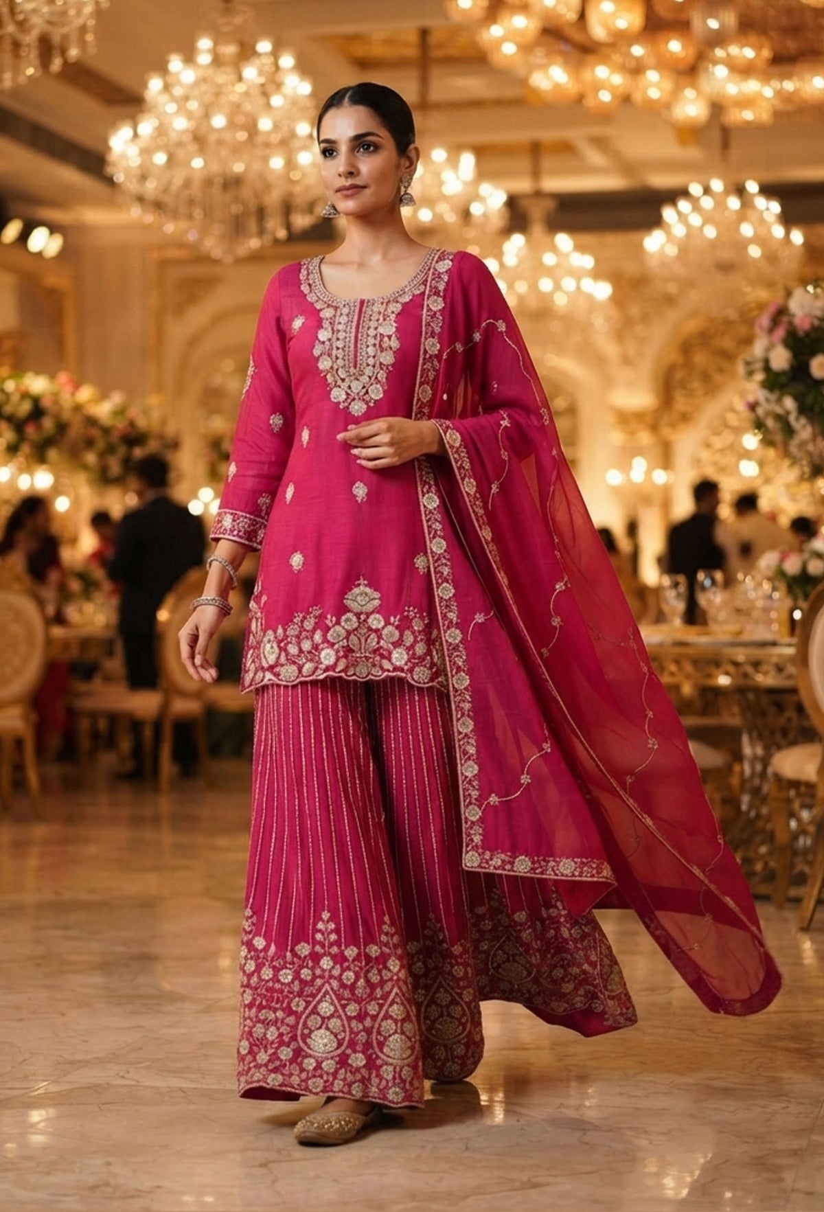Chinnon Silk Heavy Hand Work Sharara Suit with Vertical Line Design & Embroidered Dupatta