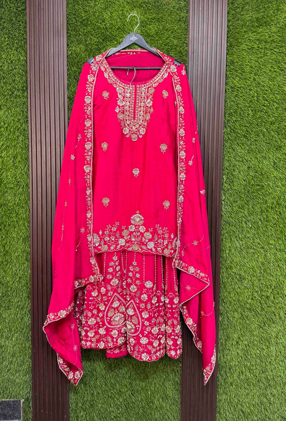 Chinnon Silk Heavy Hand Work Sharara Suit with Vertical Line Design & Embroidered Dupatta