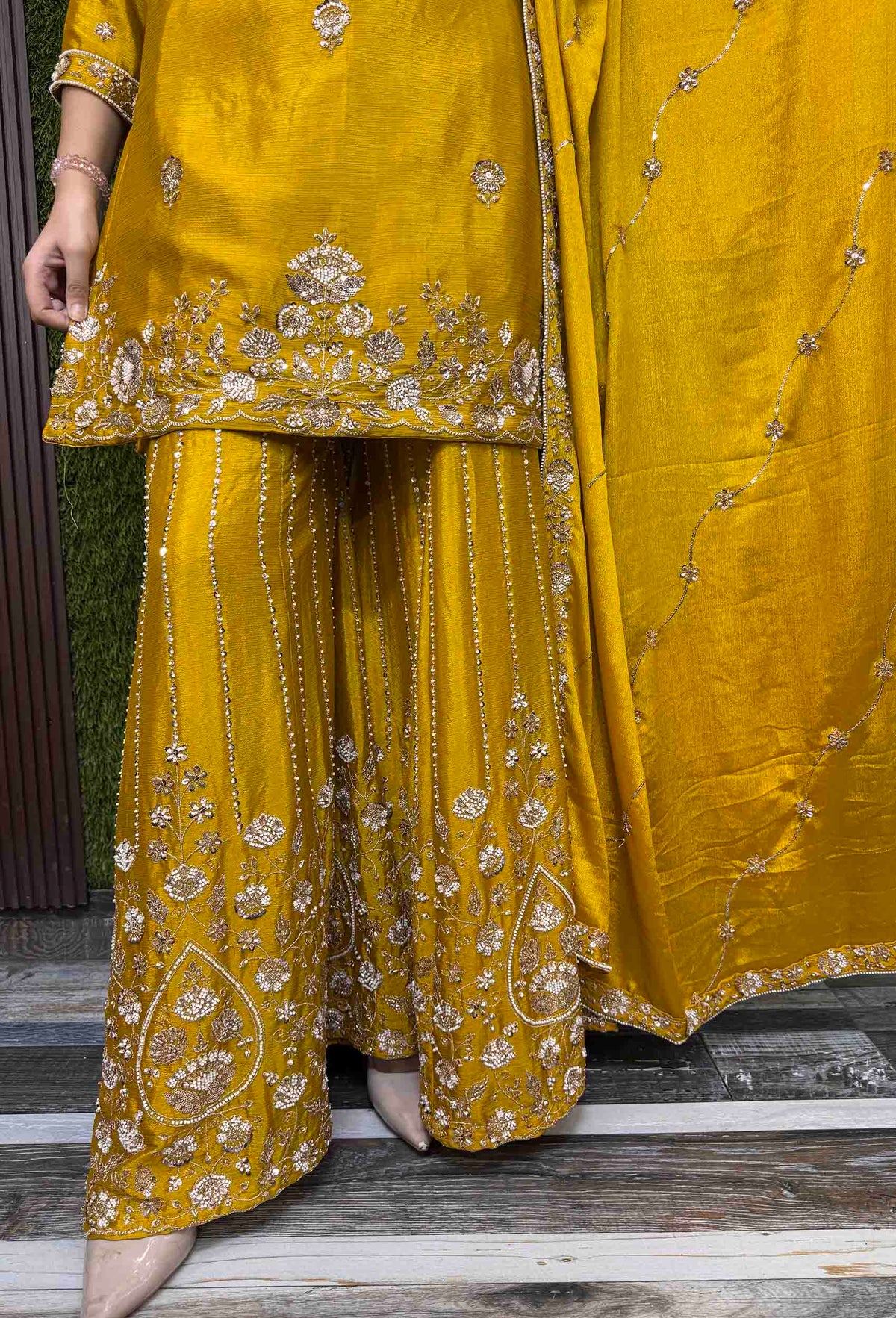 Chinnon Silk Heavy Hand Work Sharara Suit with Vertical Line Design & Embroidered Dupatta