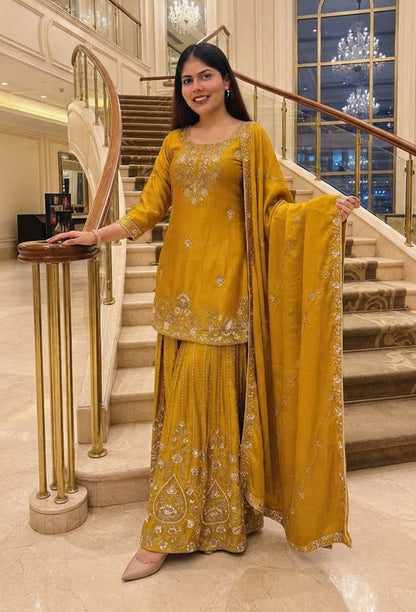 Chinnon Silk Heavy Hand Work Sharara Suit with Vertical Line Design & Embroidered Dupatta