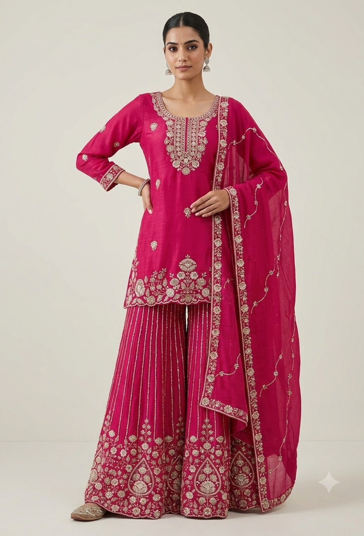 Chinnon Silk Heavy Hand Work Sharara Suit with Vertical Line Design & Embroidered Dupatta