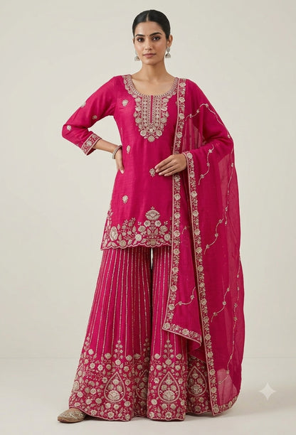 Chinnon Silk Heavy Hand Work Sharara Suit with Vertical Line Design & Embroidered Dupatta