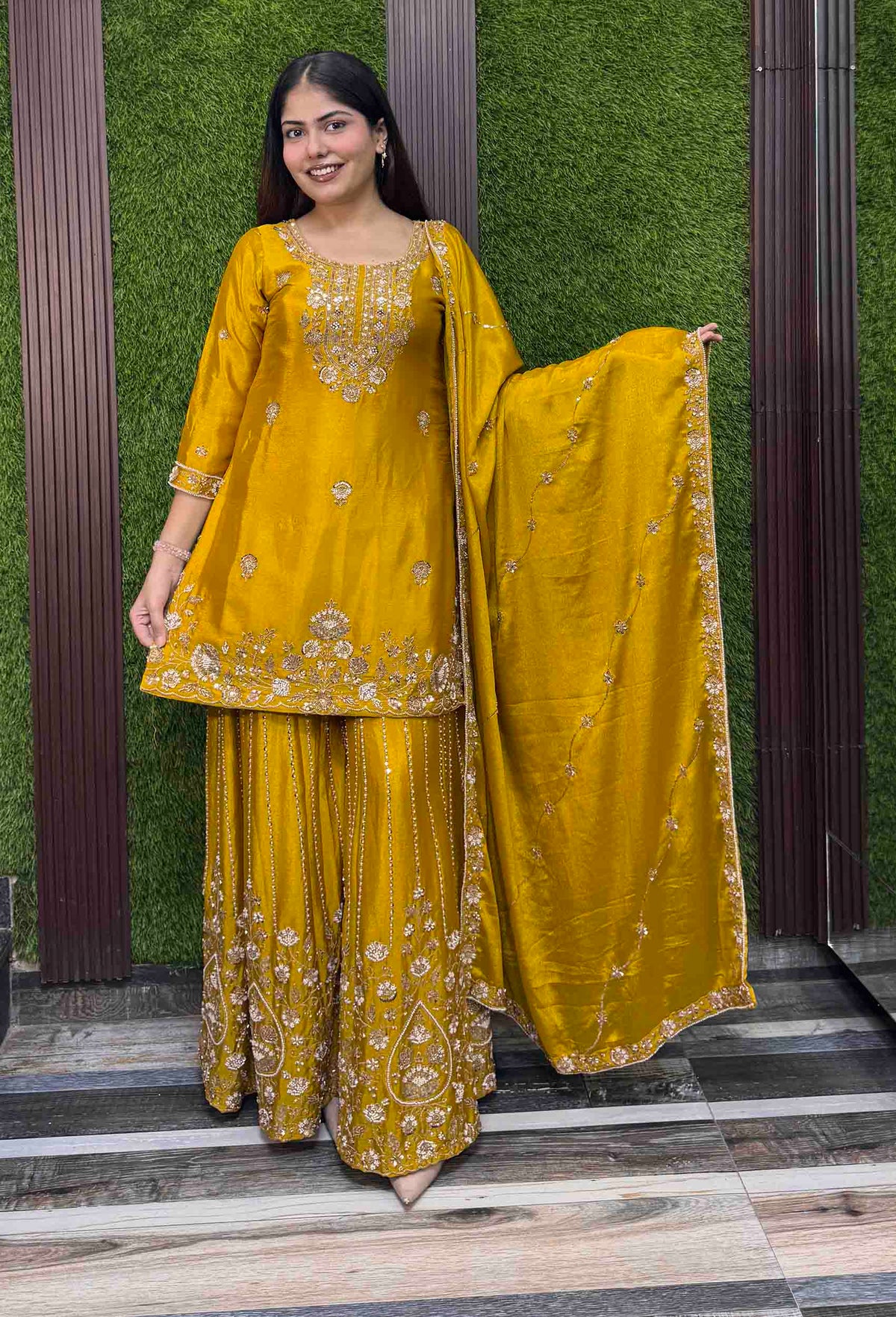 Chinnon Silk Heavy Hand Work Sharara Suit with Vertical Line Design & Embroidered Dupatta