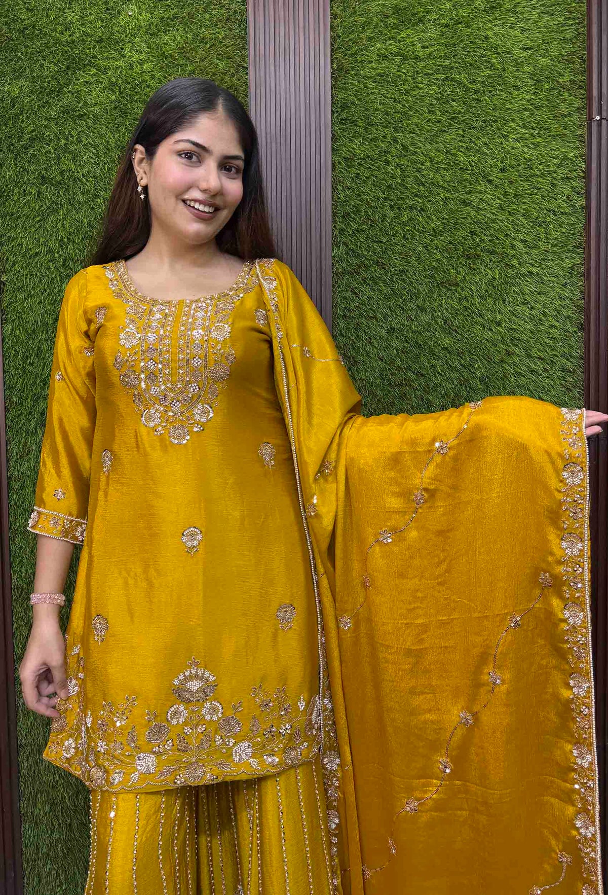 Chinnon Silk Heavy Hand Work Sharara Suit with Vertical Line Design & Embroidered Dupatta