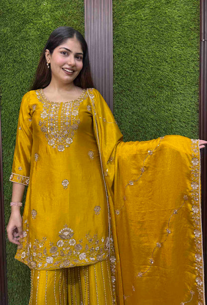 Chinnon Silk Heavy Hand Work Sharara Suit with Vertical Line Design & Embroidered Dupatta