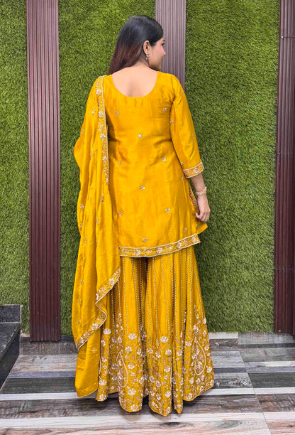Chinnon Silk Heavy Hand Work Sharara Suit with Vertical Line Design & Embroidered Dupatta