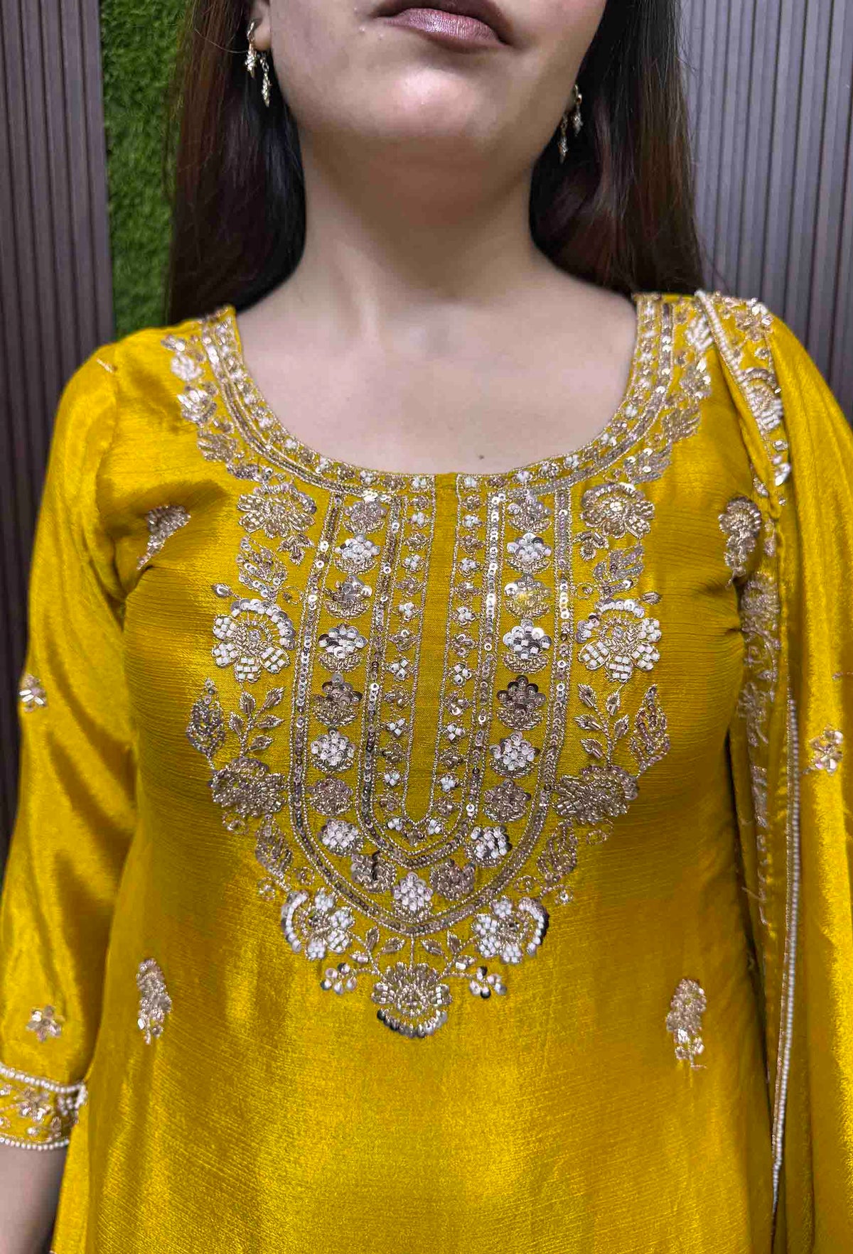 Chinnon Silk Heavy Hand Work Sharara Suit with Vertical Line Design & Embroidered Dupatta