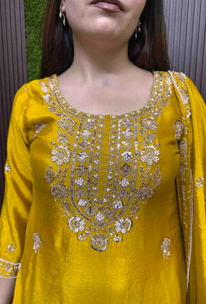 Chinnon Silk Heavy Hand Work Sharara Suit with Vertical Line Design & Embroidered Dupatta
