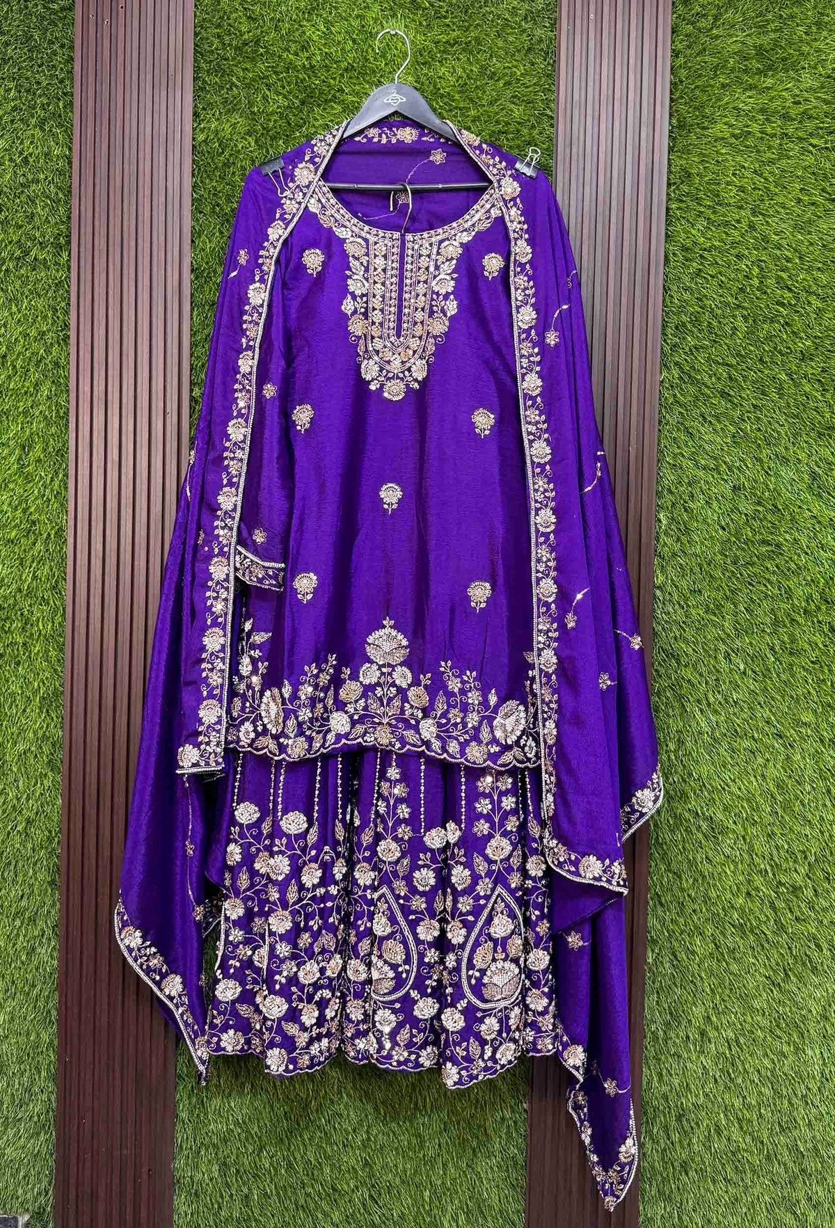 Chinnon Silk Heavy Hand Work Sharara Suit with Vertical Line Design & Embroidered Dupatta