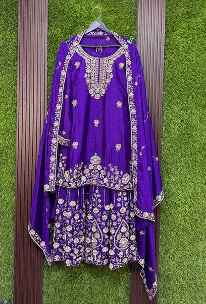 Chinnon Silk Heavy Hand Work Sharara Suit with Vertical Line Design & Embroidered Dupatta