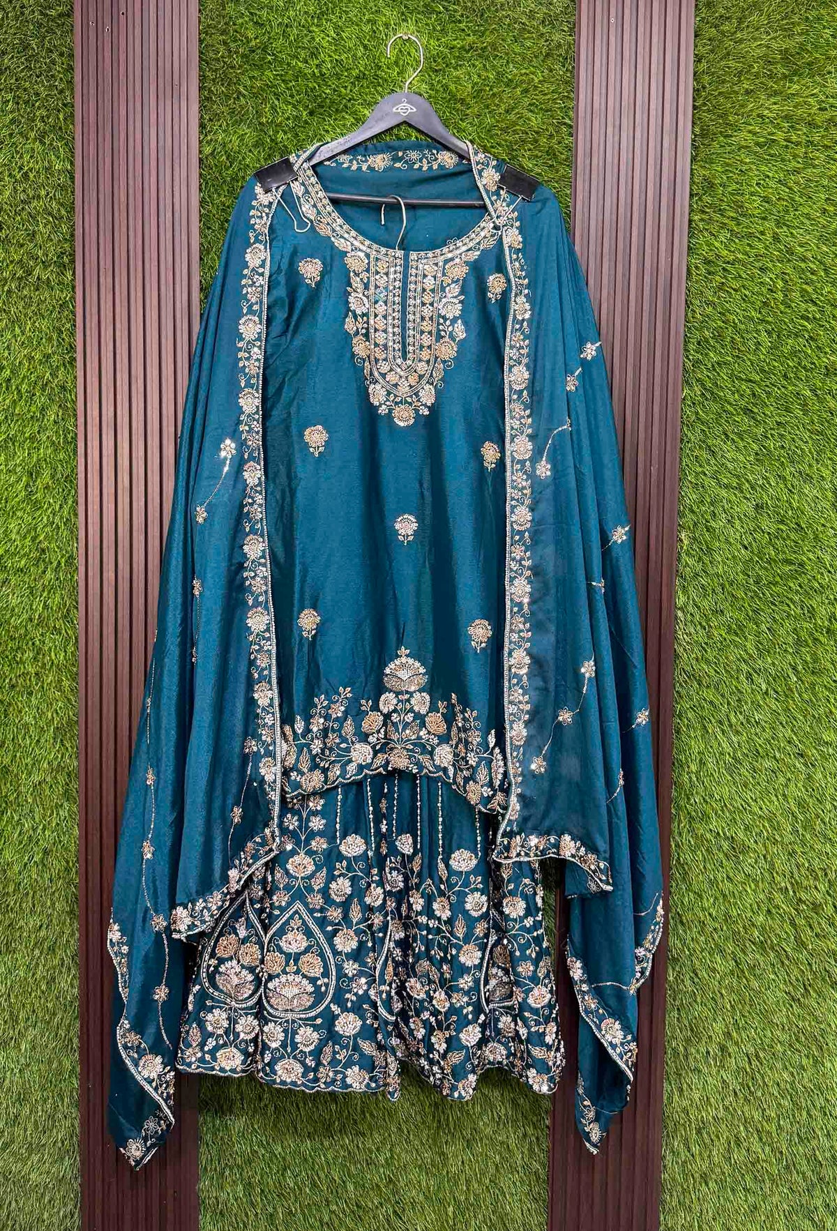 Chinnon Silk Heavy Hand Work Sharara Suit with Vertical Line Design & Embroidered Dupatta