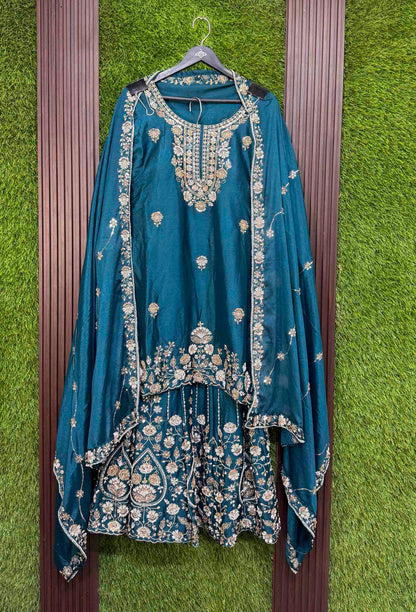 Chinnon Silk Heavy Hand Work Sharara Suit with Vertical Line Design & Embroidered Dupatta