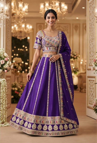 Sabyasachi Inspired Anarkali Silk Lehenga with Elegant Multi Embroidery Silk Dupatta