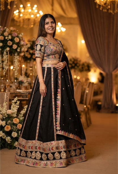 Sabyasachi Inspired Anarkali Silk Lehenga with Elegant Multi Embroidery Silk Dupatta
