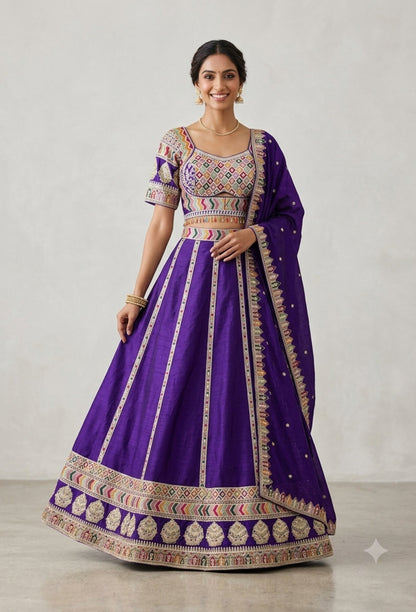 Sabyasachi Inspired Anarkali Silk Lehenga with Elegant Multi Embroidery Silk Dupatta
