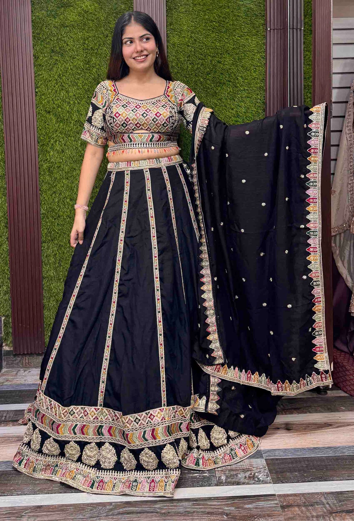 Sabyasachi Inspired Anarkali Silk Lehenga with Elegant Multi Embroidery Silk Dupatta