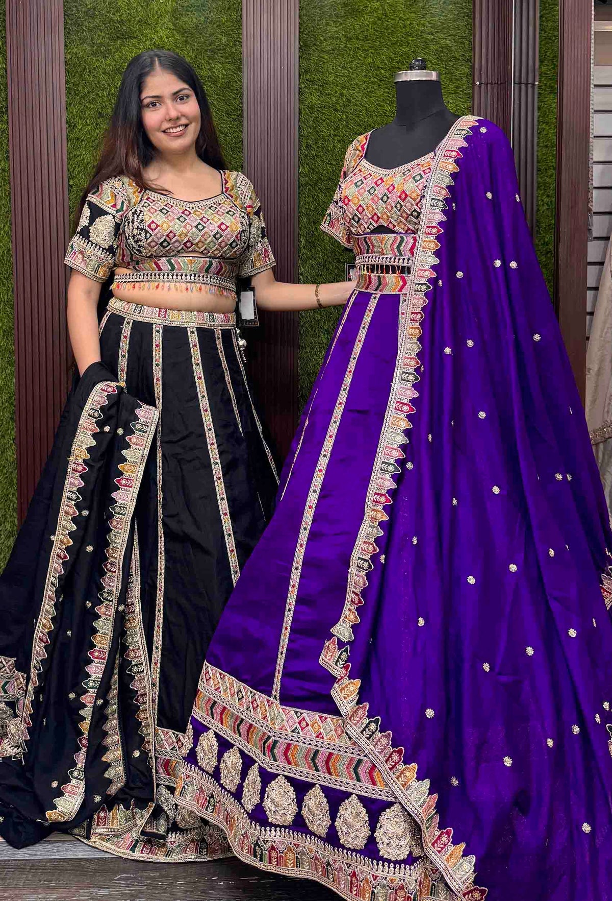 Sabyasachi Inspired Anarkali Silk Lehenga with Elegant Multi Embroidery Silk Dupatta