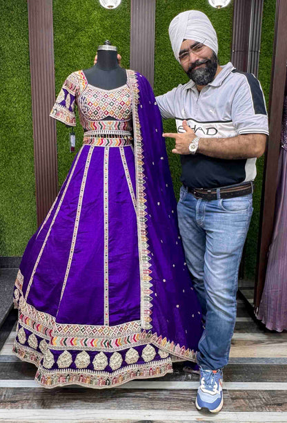 Sabyasachi Inspired Anarkali Silk Lehenga with Elegant Multi Embroidery Silk Dupatta