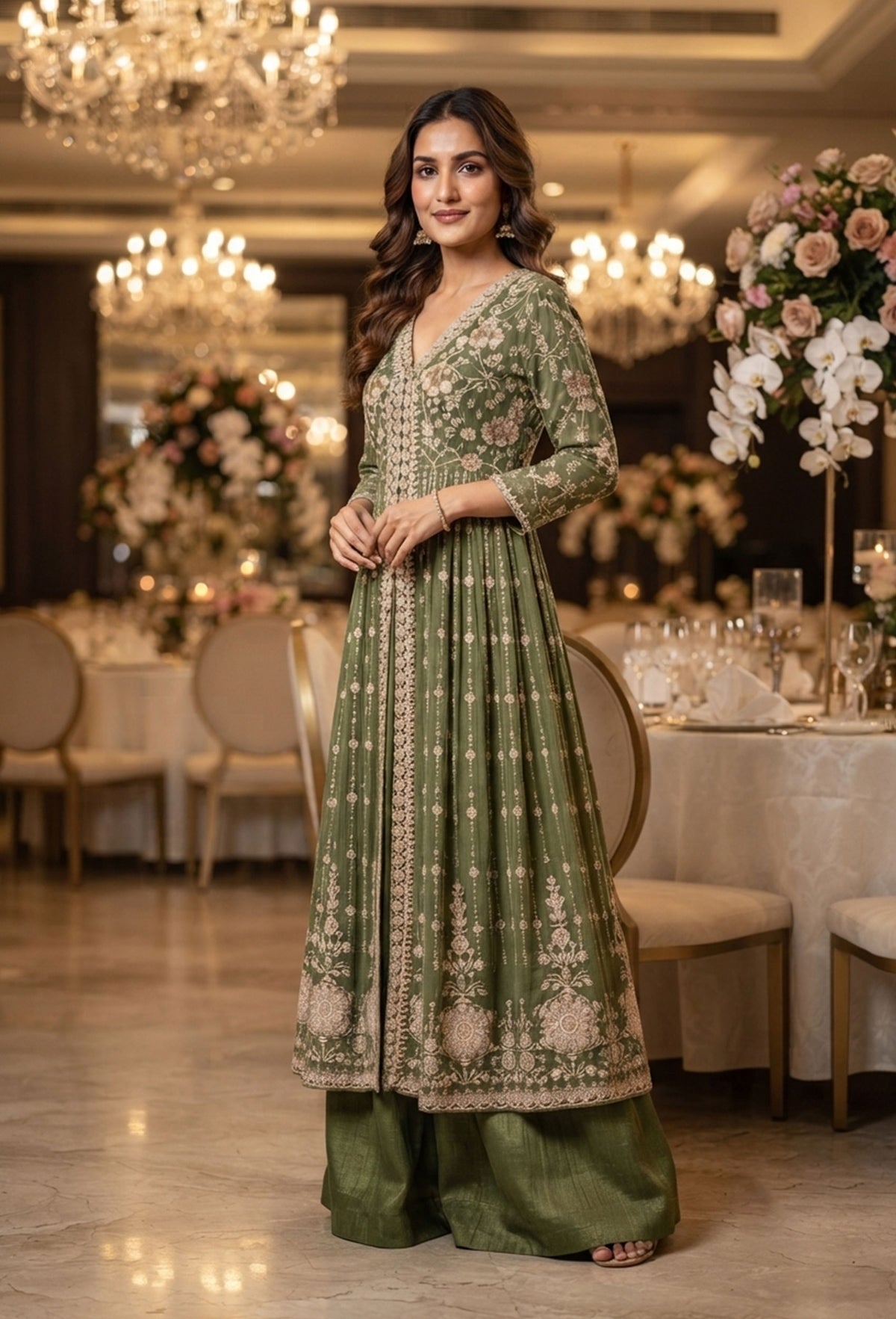 Designer Front Slit Anarkali with Hand Work, Trouser & Silk Dupatta