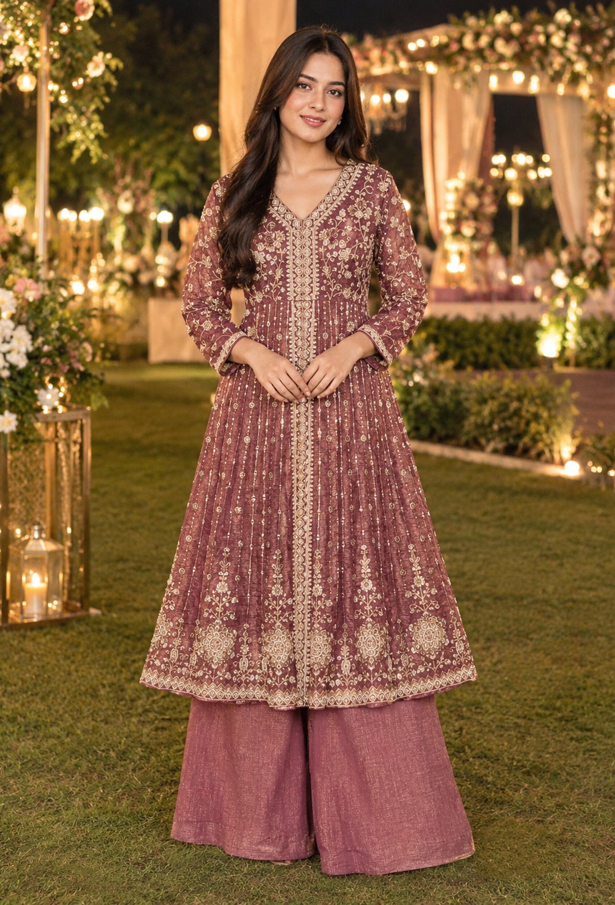 Designer Front Slit Anarkali with Hand Work, Trouser & Silk Dupatta
