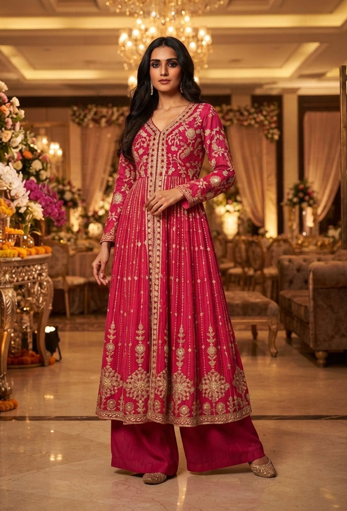 Designer Front Slit Anarkali with Hand Work, Trouser & Silk Dupatta