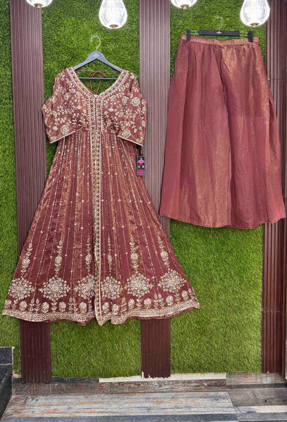 Designer Front Slit Anarkali with Hand Work, Trouser & Silk Dupatta