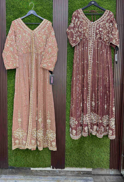 Designer Front Slit Anarkali with Hand Work, Trouser & Silk Dupatta
