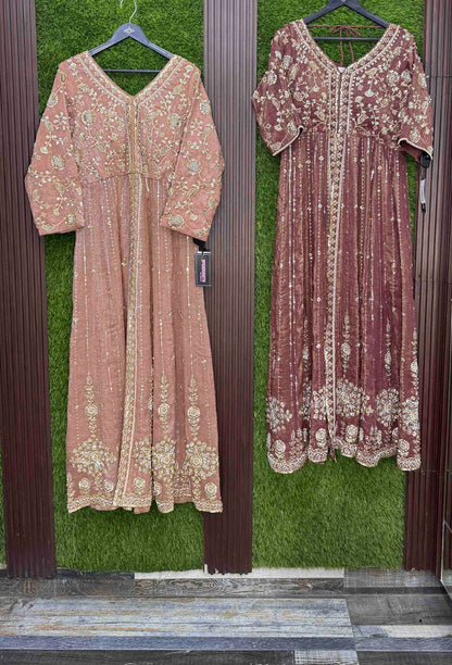 Designer Front Slit Anarkali with Hand Work, Trouser & Silk Dupatta