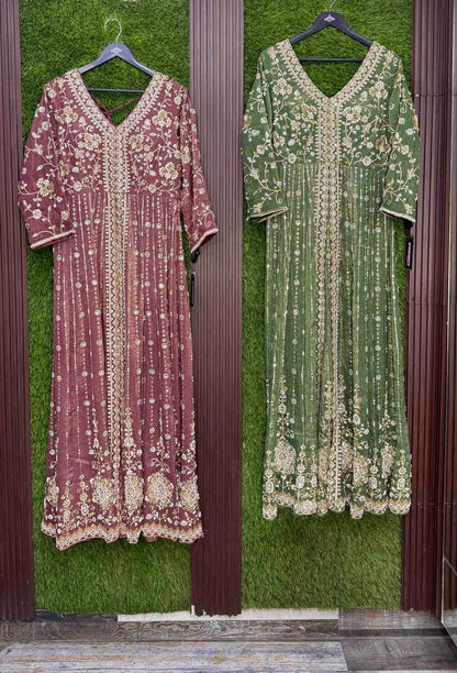 Designer Front Slit Anarkali with Hand Work, Trouser & Silk Dupatta