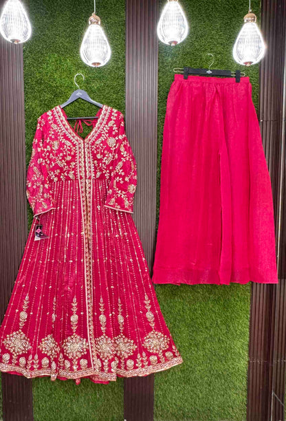 Designer Front Slit Anarkali with Hand Work, Trouser & Silk Dupatta