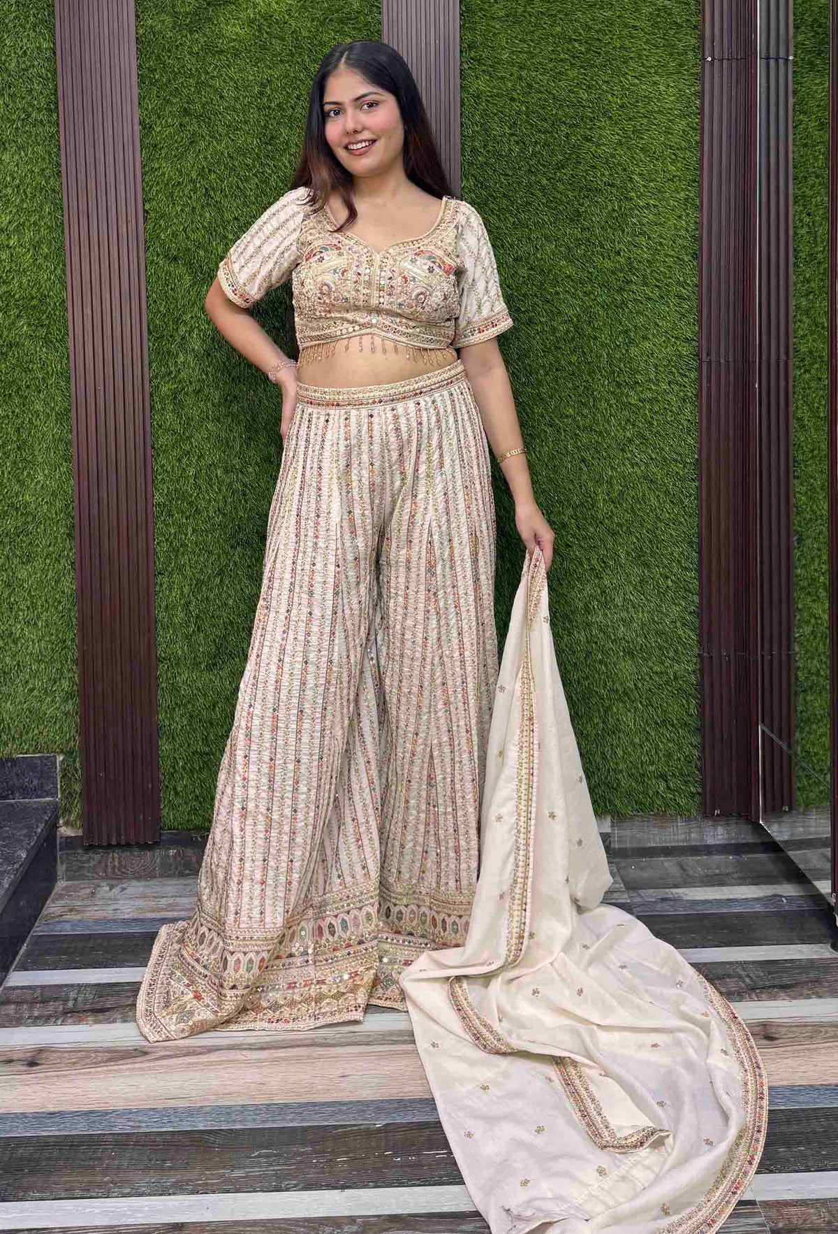 Beautiful Multi Thread Embroidered Crop Top Sharara with Dupatta