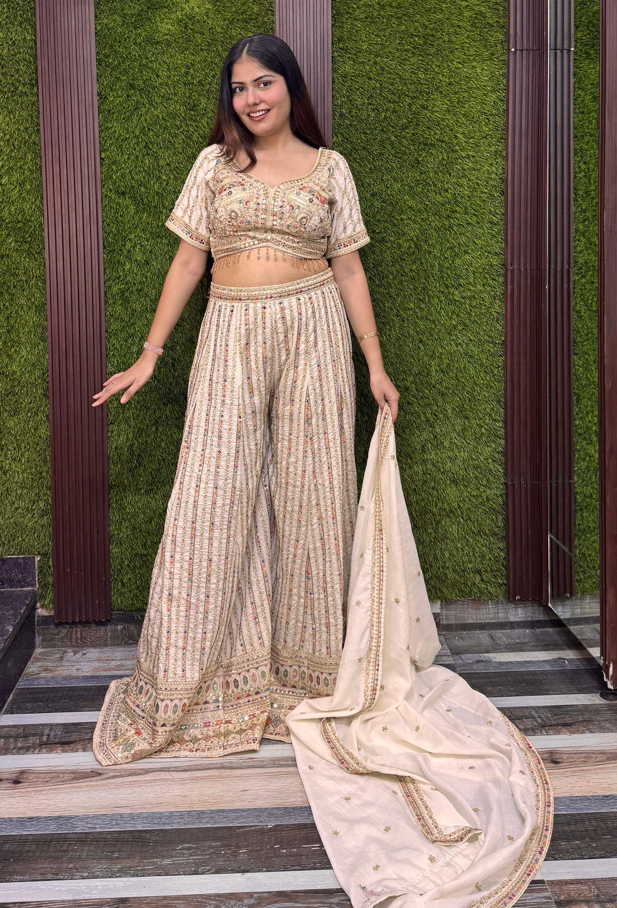 Beautiful Multi Thread Embroidered Crop Top Sharara with Dupatta