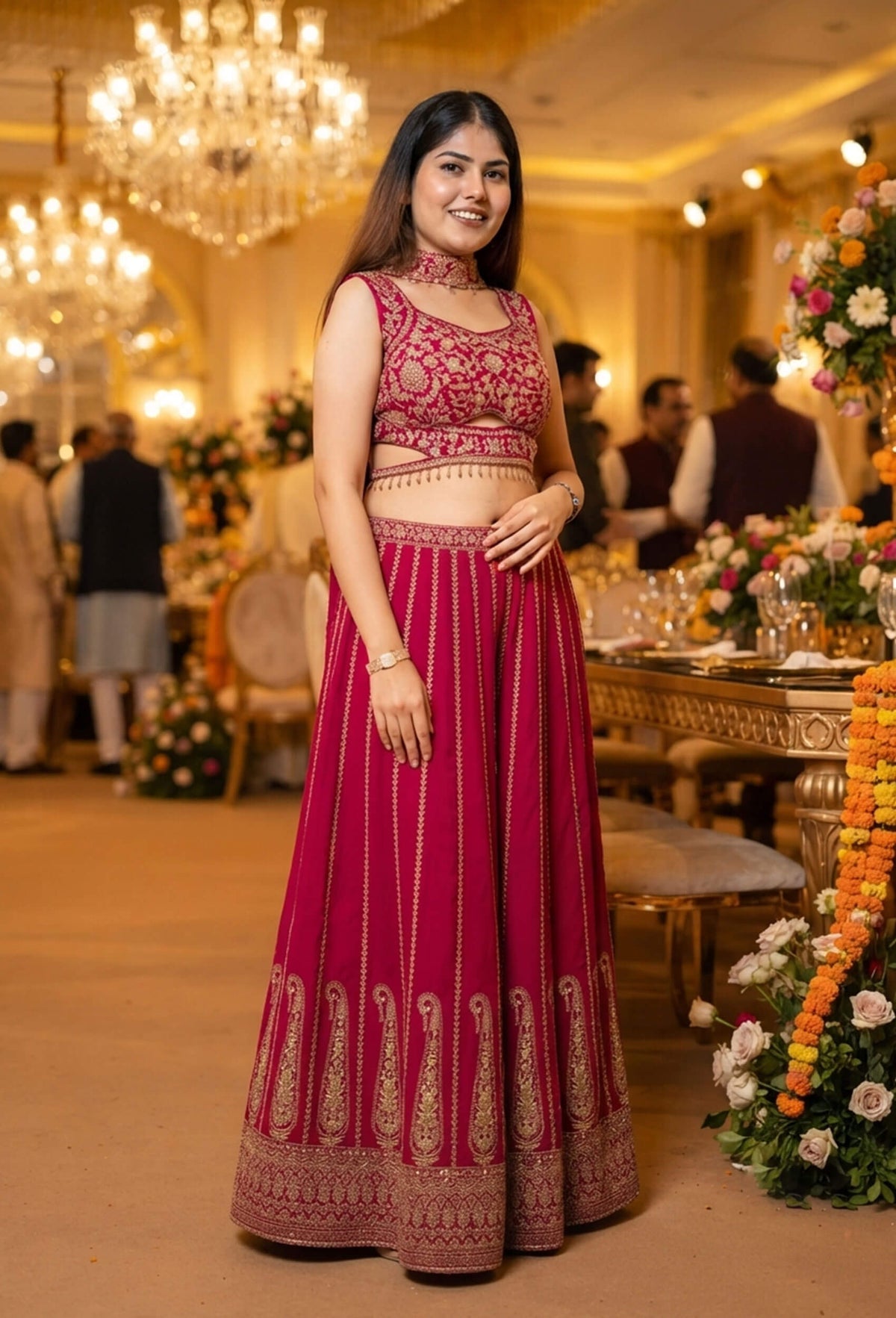 Designer Crop Top Sharara with Full Flare Embroidery & Choker Dupatta