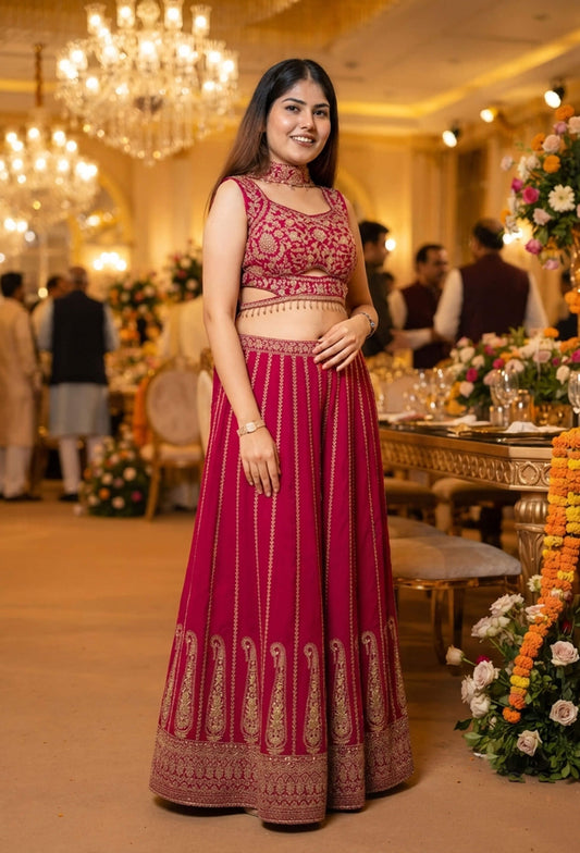 Designer Crop Top Sharara with Full Flare Embroidery & Choker Dupatta