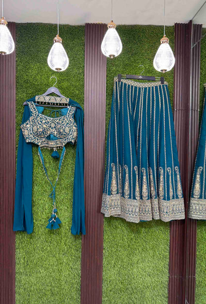 Designer Crop Top Sharara with Full Flare Embroidery & Choker Dupatta