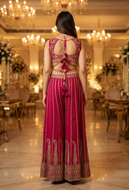 Designer Crop Top Sharara with Full Flare Embroidery & Choker Dupatta
