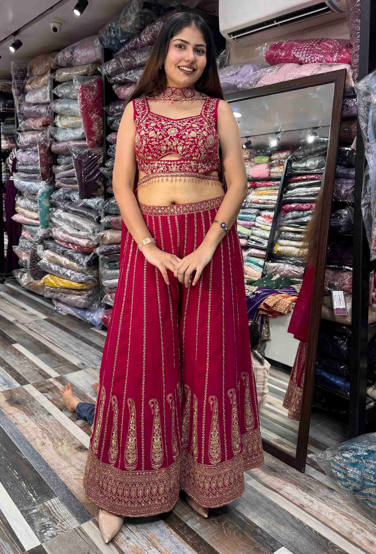 Designer Crop Top Sharara with Full Flare Embroidery & Choker Dupatta
