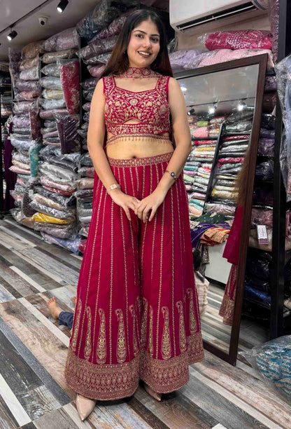 Designer Crop Top Sharara with Full Flare Embroidery & Choker Dupatta