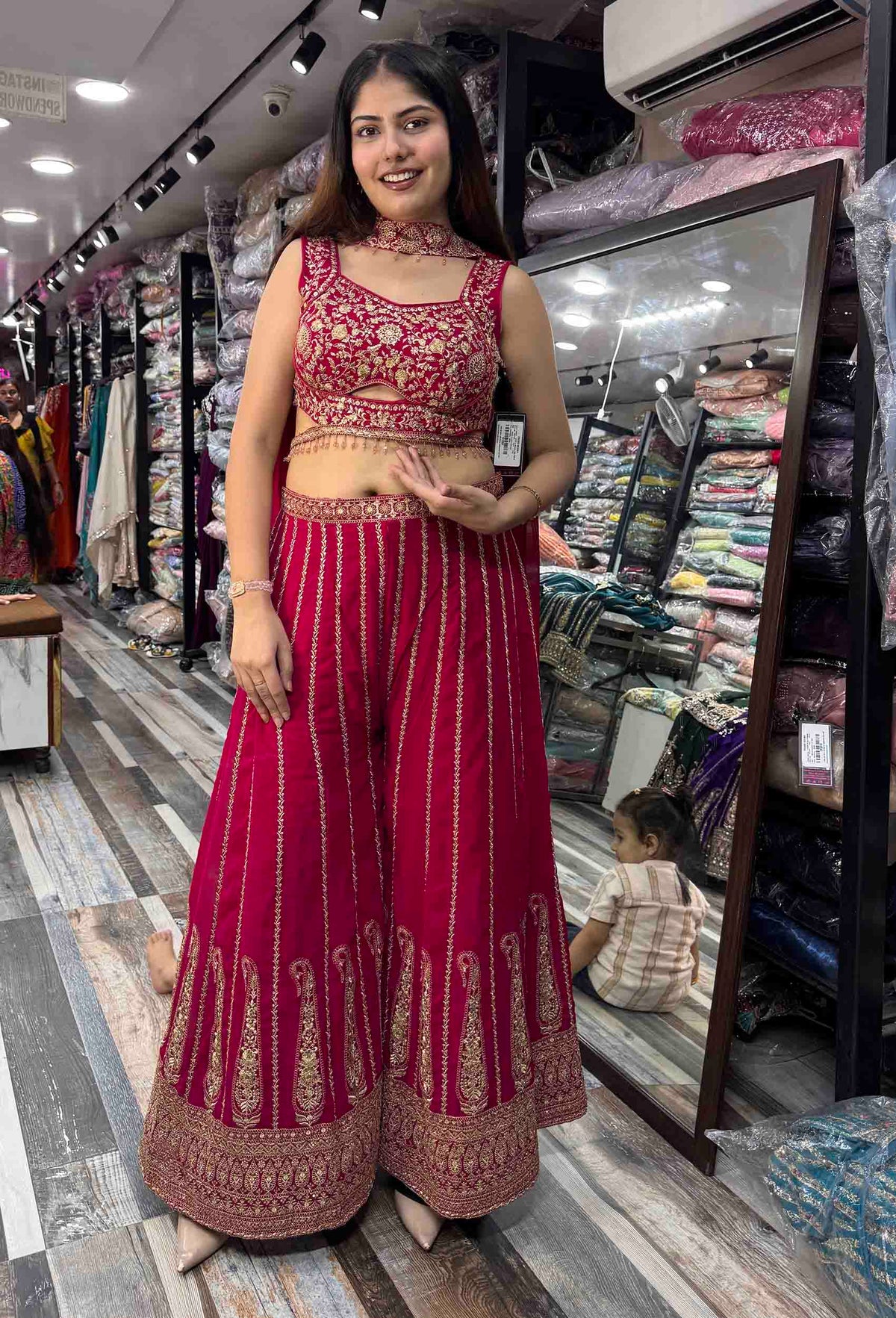 Designer Crop Top Sharara with Full Flare Embroidery & Choker Dupatta