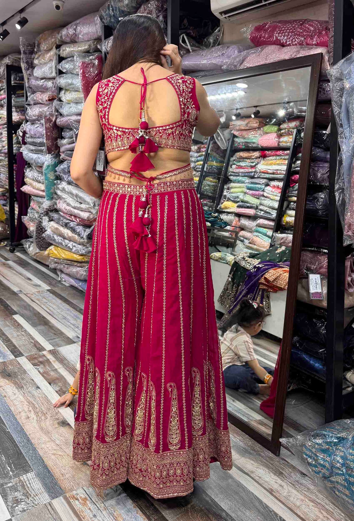 Designer Crop Top Sharara with Full Flare Embroidery & Choker Dupatta