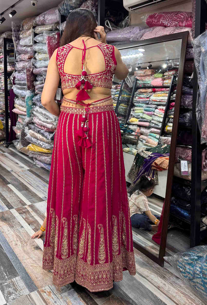 Designer Crop Top Sharara with Full Flare Embroidery & Choker Dupatta