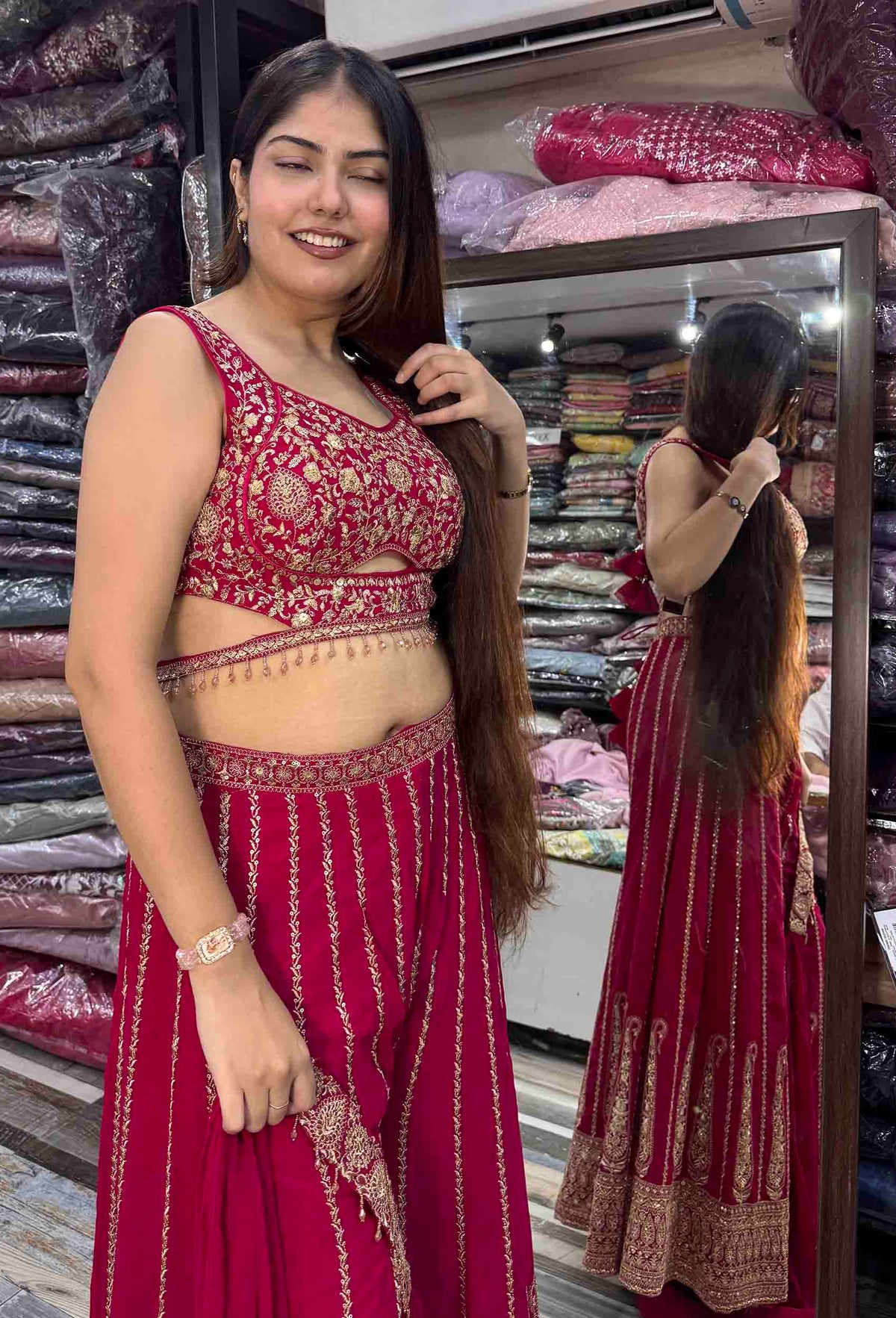 Designer Crop Top Sharara with Full Flare Embroidery & Choker Dupatta