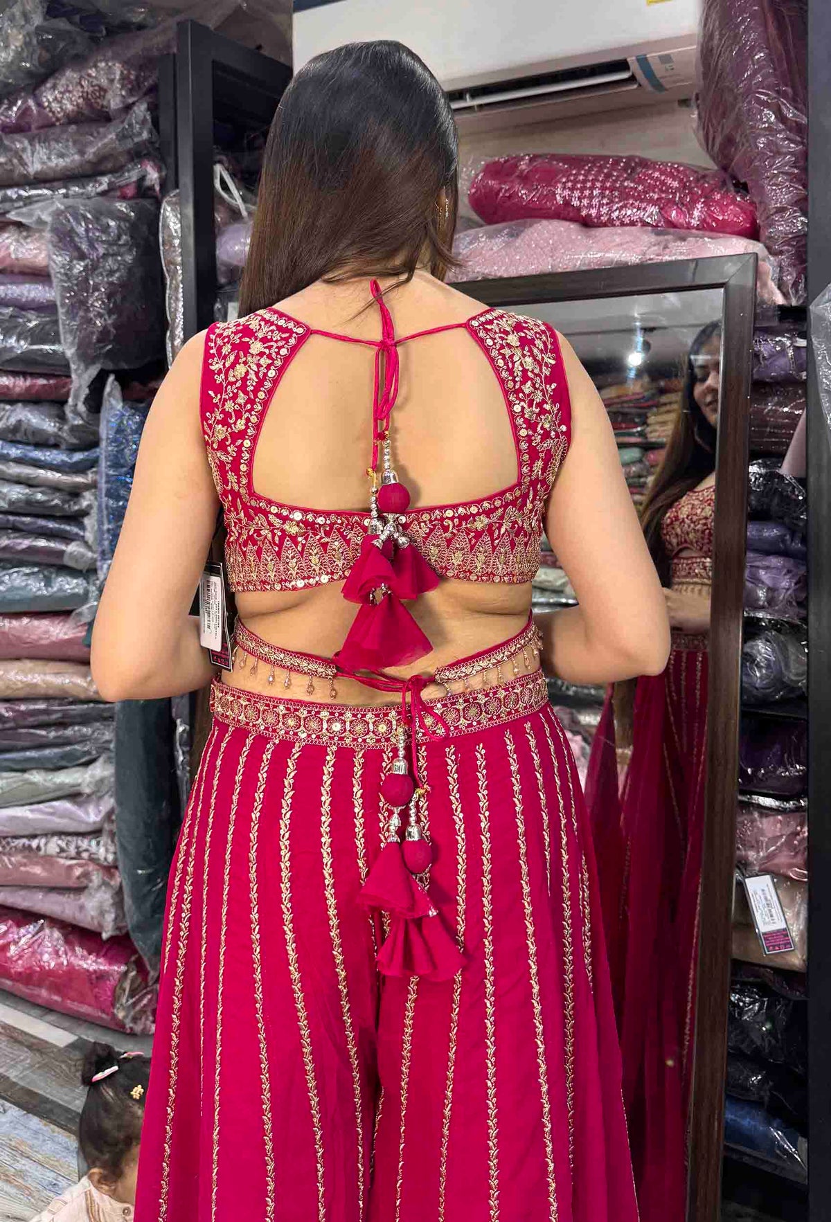 Designer Crop Top Sharara with Full Flare Embroidery & Choker Dupatta