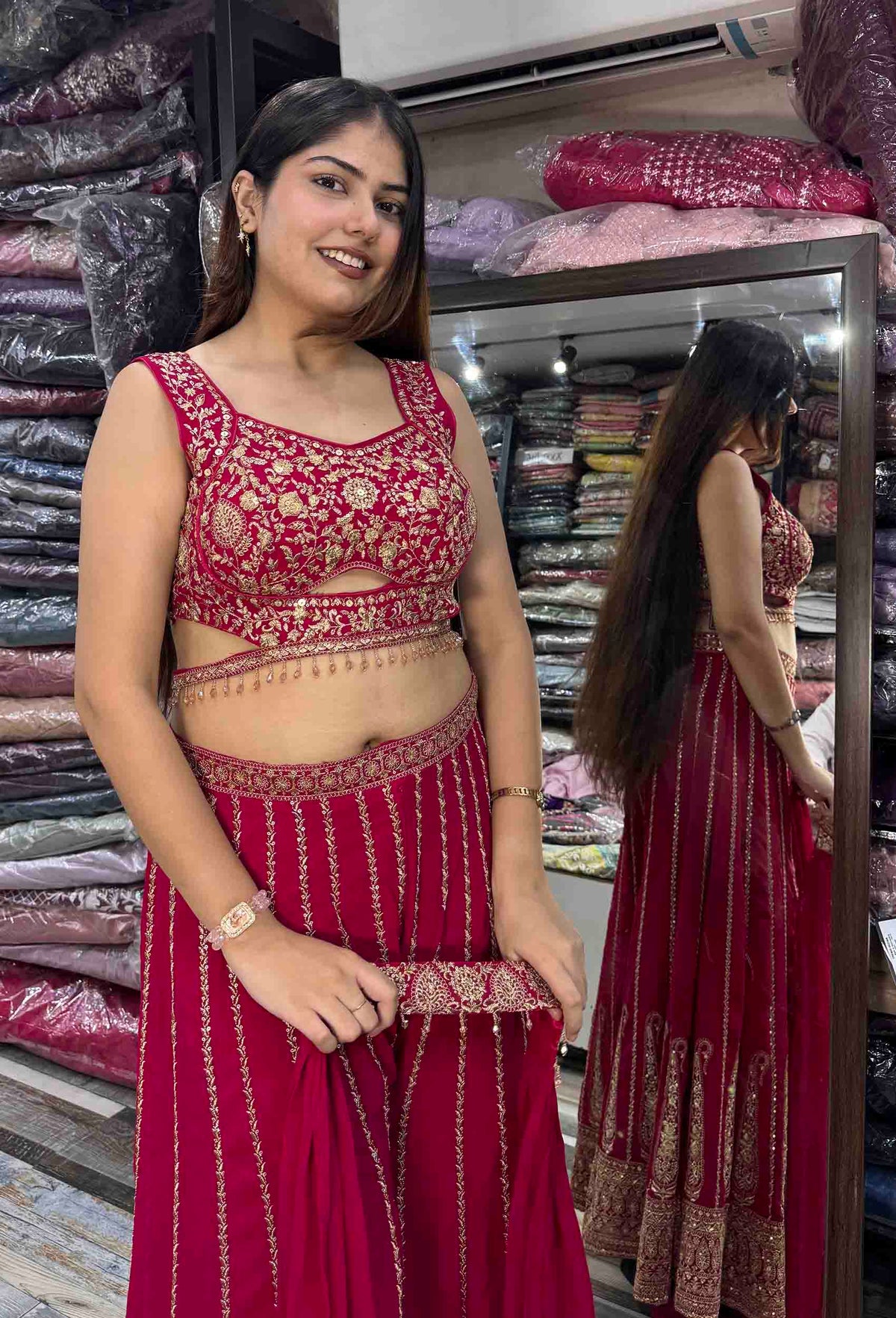 Designer Crop Top Sharara with Full Flare Embroidery & Choker Dupatta