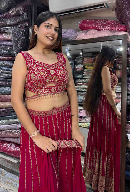 Designer Crop Top Sharara with Full Flare Embroidery & Choker Dupatta